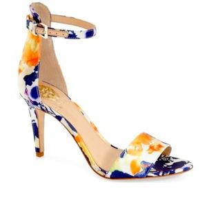 Vince Camuto Heeled Sandal Floral Satin Blue/Orange sz 7.5